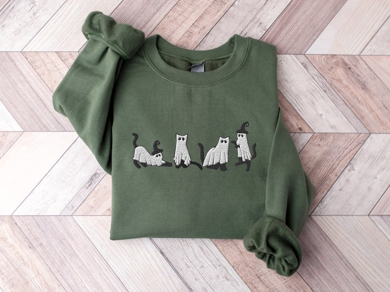 Embroidered Cat Halloween Sweatshirt
